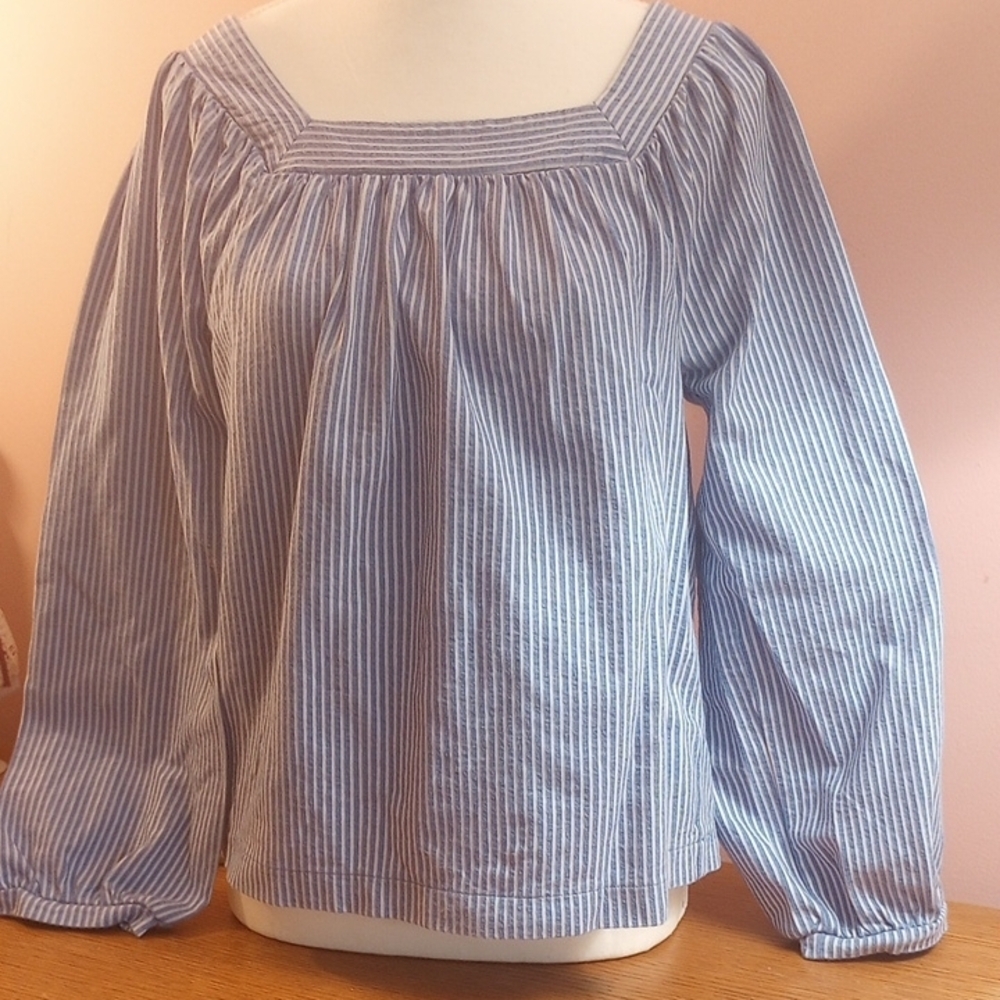 J Crew Blue/ white Striped Blouse balloon sleeves